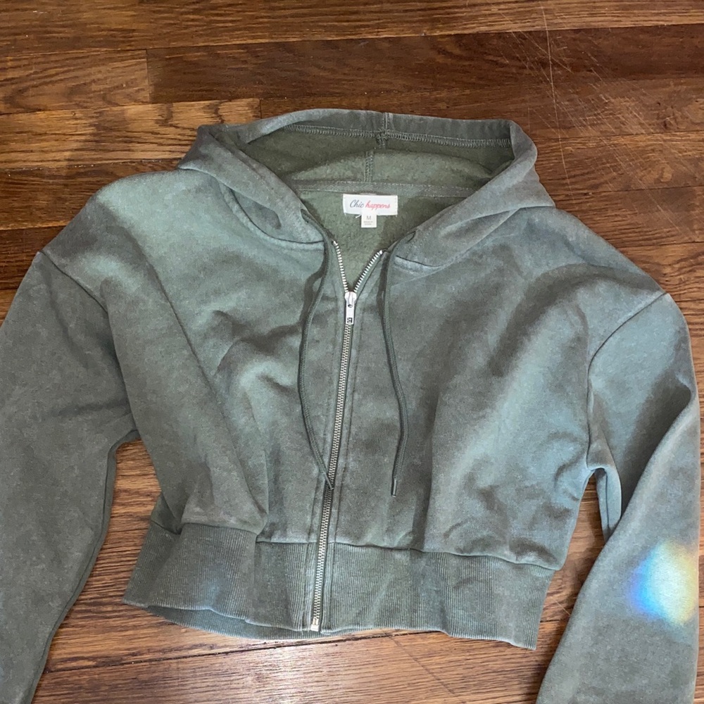 Olive Green Zip-Up crop Hoodie